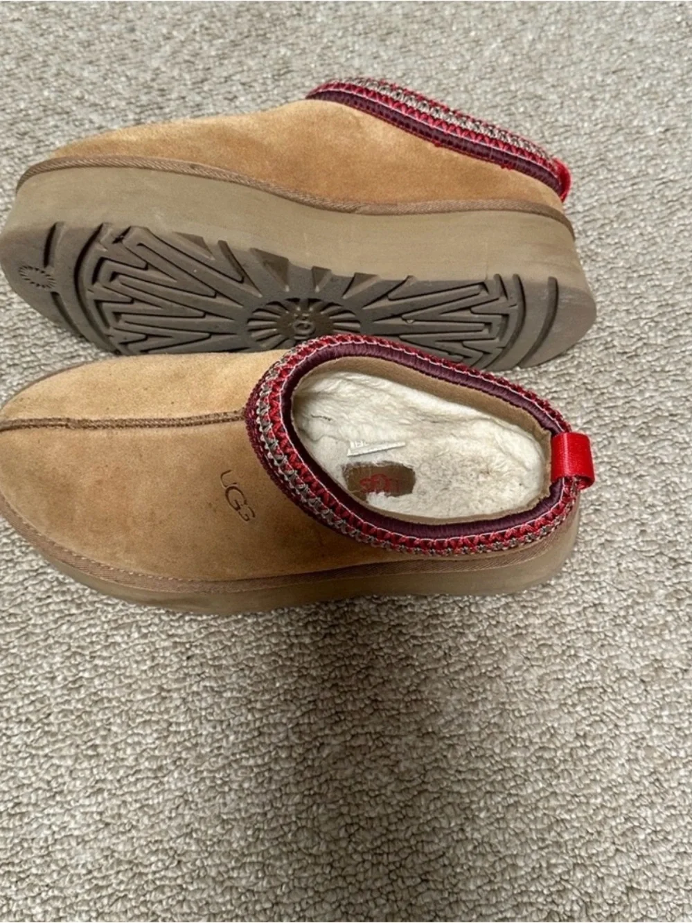 UGG Women's Brown Suede Platform Mule with Red Trim Detail
